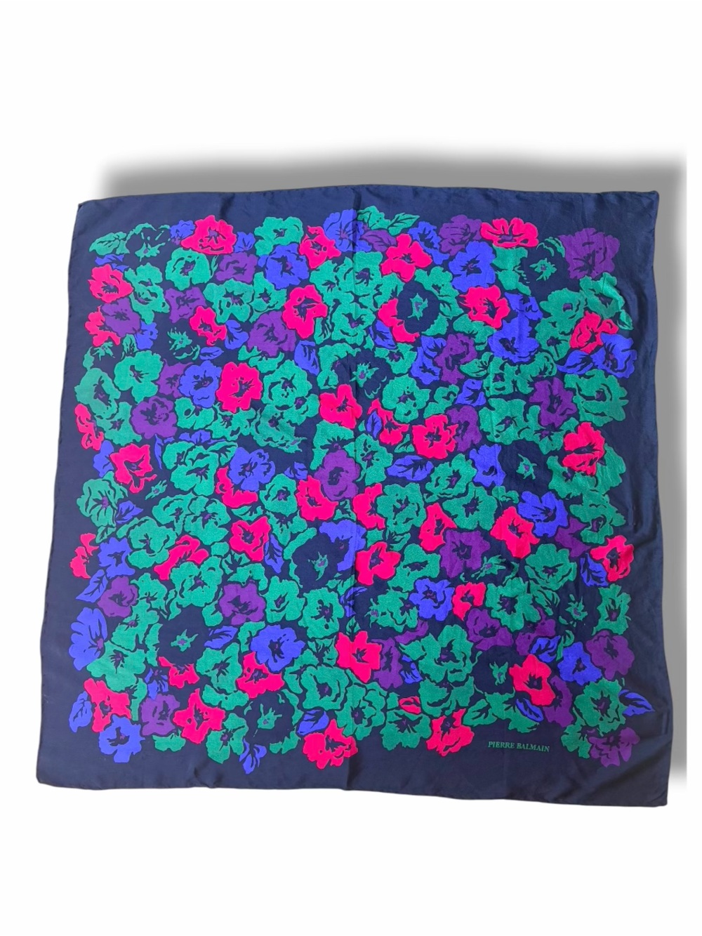 Balmain Navy Floral Silk Scarf Cottagecore Green Purple Pink Blooms